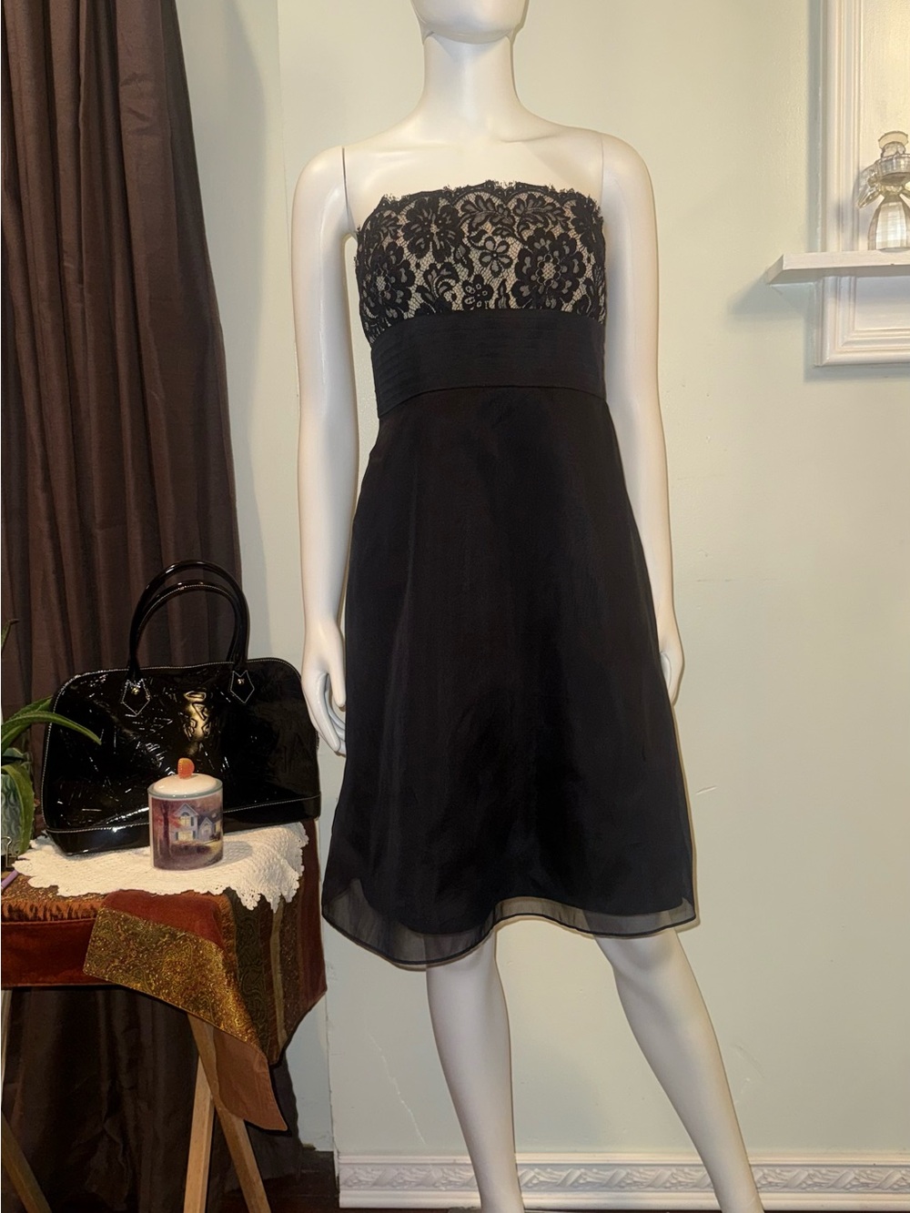 Ann Taylor Black Strapless Lace-Top A-Line Dress